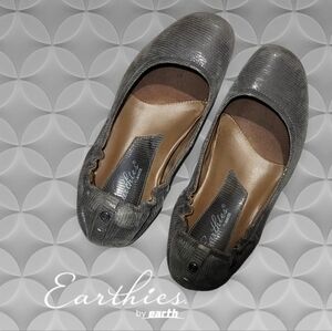 Earthies Tolo Embossed Leather Ballet‎ Flats Dark Grey Printed Suede 10B